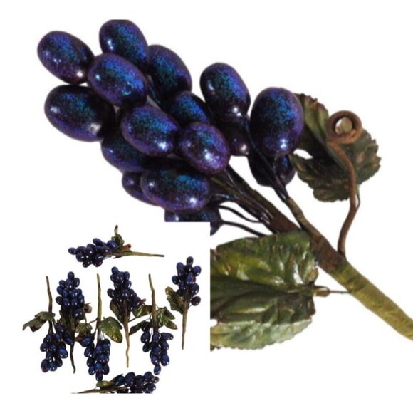 Christmas Grapes Cluster Bunches on Stem Purple Glimmer Qty 8 Vintage